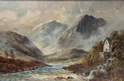 Antique Scottish Highland Landscape Fast Flowing River Landscape & Cottage