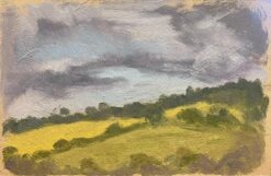 Contemporary British Oil Painting Grey Clouds Over Green Fields