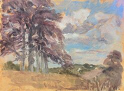 Contemporary British Oil Painting Purple Trees Blue Cloudy Sky Landscape