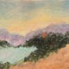 Contemporary British Oil Painting Red Sun Peering Through Purple Tree Landscape