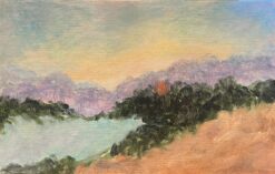Contemporary British Oil Painting Red Sun Peering Through Purple Tree Landscape
