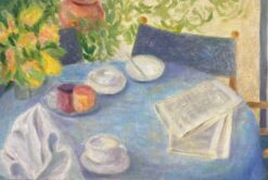 British Interior Table Scene Tea and Newspapers Contemporary Modernist Painting