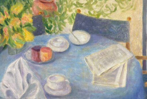 British Interior Table Scene Tea and Newspapers Contemporary Modernist Painting