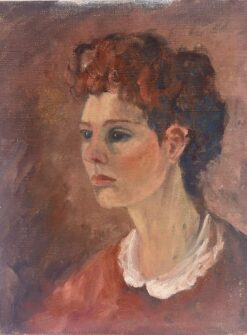 1970's British Oil Painting Portrait of Lady in White Collar