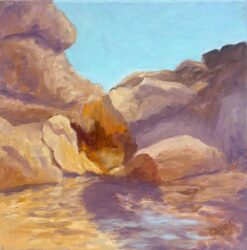 Crumbling Layered Rocks Into Lake Contemporary British Oil Painting canvas