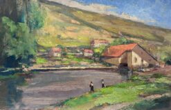 Vintage French Oil Painting Of Two People Fishing In Grey Summer Day Lake