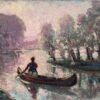 Antique French Impressionist Oil Painting Lady Rowing In Pink Dappled Lake