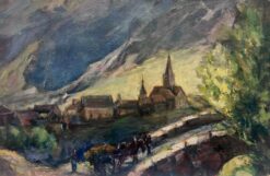 Vintage French Oil Painting Horses Trotting Atmospheric Village Landscape