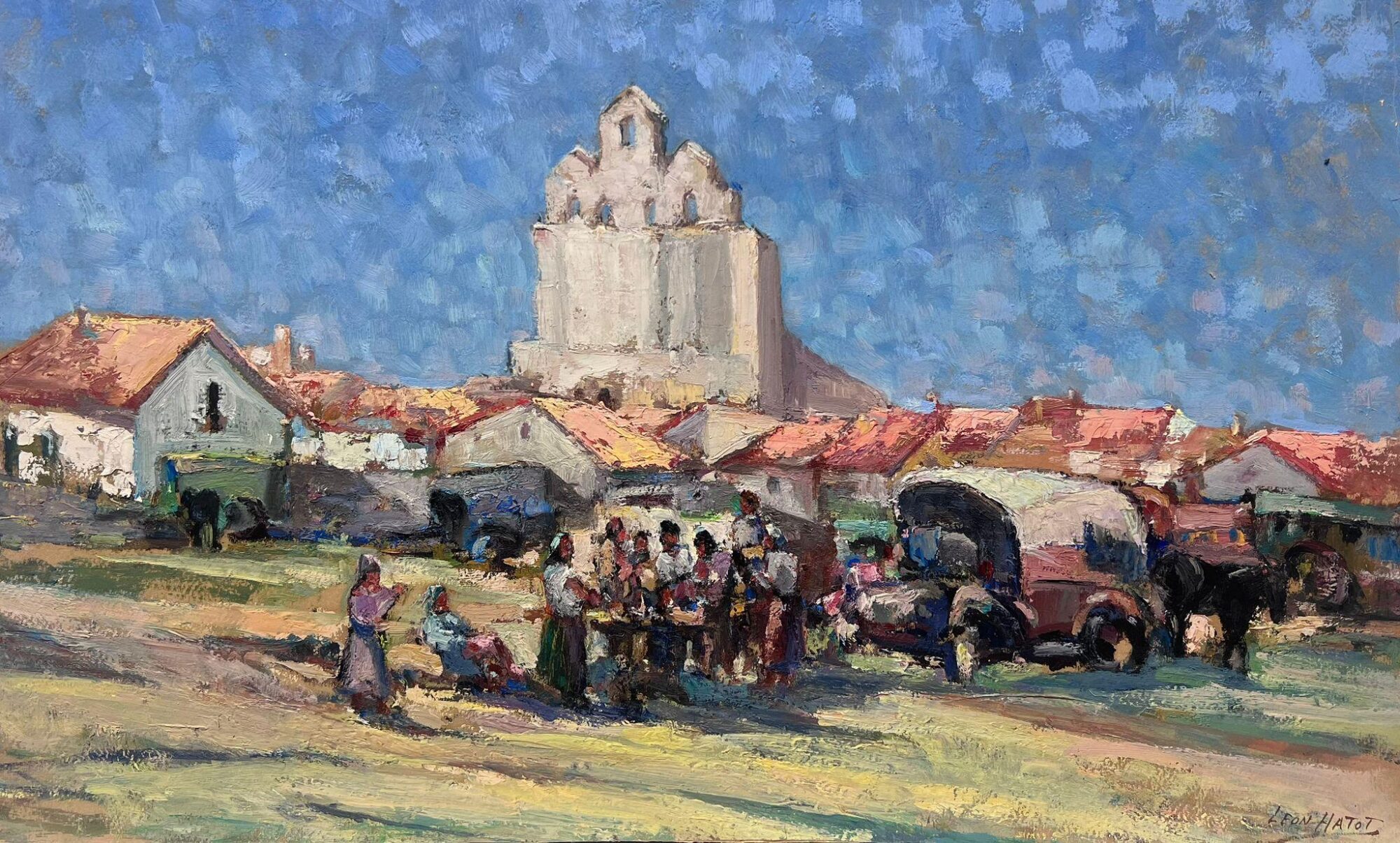 1930's French Impressionist Signed Oil Figures Crowded Market Summer Skies