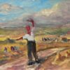 Vintage French Oil Painting Farmer in Harvest Fields Golden Light Landscape