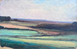 Vintage French Oil Painting Green and Brown Layered Hill Landscape