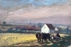 Vintage French Oil Painting Horse and Cart Trotting Through By Corn Field