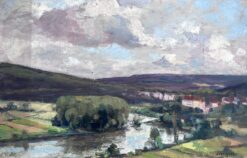 Vintage French Oil Painting Wide Landscape Of Lake Flowing Along The Town
