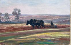 Vintage French Oil Painting Two Black Horses Pulling A Roller