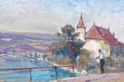 Vintage French Oil Painting Man Fishing Over Bridge Into Clear Blue River