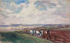 Vintage French Oil Painting Three Horses Pulling Man Through Ploughing Field