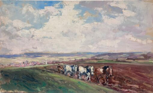 Vintage French Oil Painting Three Horses Pulling Man Through Ploughing Field