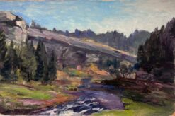 Vintage French Oil Painting Rocky Mountain Landscape With Purple Flowing River