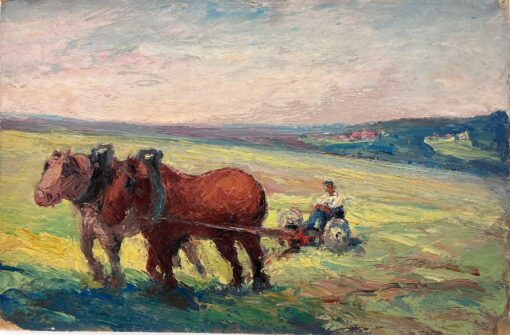 French Oil Painting Two Brown Horses Pulling A Figure Through Green Field