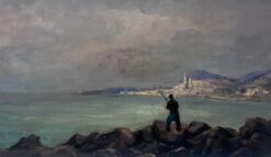 Vintage French Impressionist Oil Painting Man Fishing Into The Sea On A Grey Day
