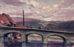 Vintage French Oil Painting Of A Purple Sunset Over A Grey Bridge With Figures