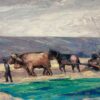 French Oil Painting Of Horses & Cows In The Harvest Pulling An Old Corn Shredder
