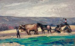 French Oil Painting Of Horses & Cows In The Harvest Pulling An Old Corn Shredder