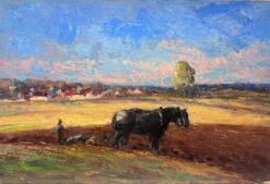 Vintage French Oil Painting Of Two Black Horses Farming In Blue Skied Field