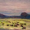 French Oil Painting Of Brown Cows Munching On Yellow Grass Under The Purple Sky