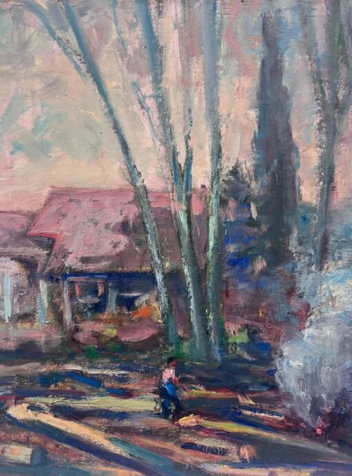 Vintage French Oil Painting Of A Tall Autumnal Tree With Figure