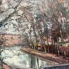 Vintage French Oil Painting Bare Winter Trees Alongside The River