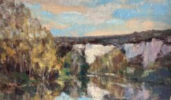Vintage French Oil Painting Mountain River Reflection Landscape