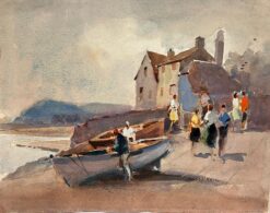 British Mid 1900-1999 Impressionist Painting Busy Figures By Rowing Boats