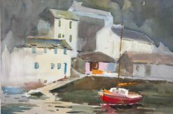 British Mid 1900-1999 Impressionist Painting Red Sailing Boat In Grey Docks