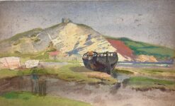 Beached Wreck of a Boat Coastal Scene British 20thC Impressionist Painting