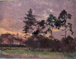 French Impressionist Signed Oil Painting Purple Cloudy Sky Over Tall Tree's