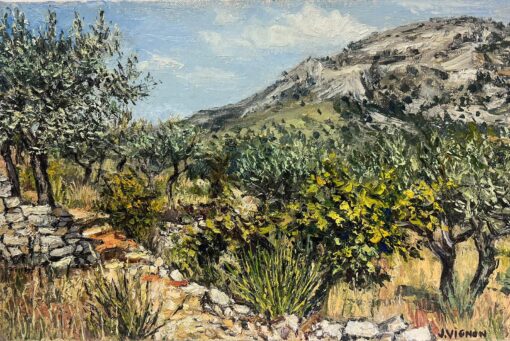 La Garrigue South of Provence Sunny Landscape 1960's French Oil Painting