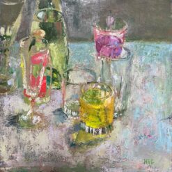 Colourful Glasses On Blue Table 1900-1999 British Modernist Oil Painting