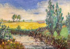 Vibrant Mid-Century Pastoral Landscape with Yellow Fields, Trees and River