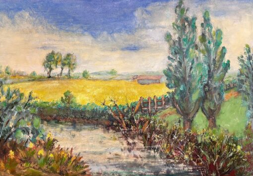 Vibrant Mid-Century Pastoral Landscape with Yellow Fields, Trees and River