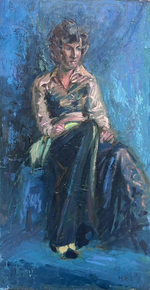 1900-1999 British Modernist Portrait of Lady Sat In Blue Interior