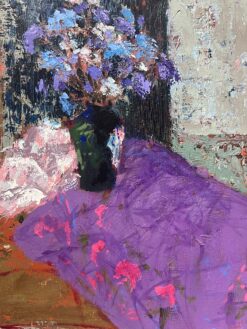 Blue Flowers on Purple Table 1900-1999 British Modernist Oil Painting