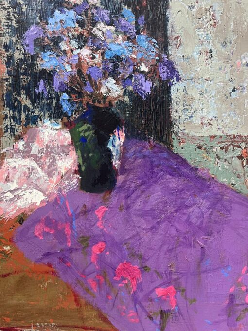 Blue Flowers on Purple Table 1900-1999 British Modernist Oil Painting