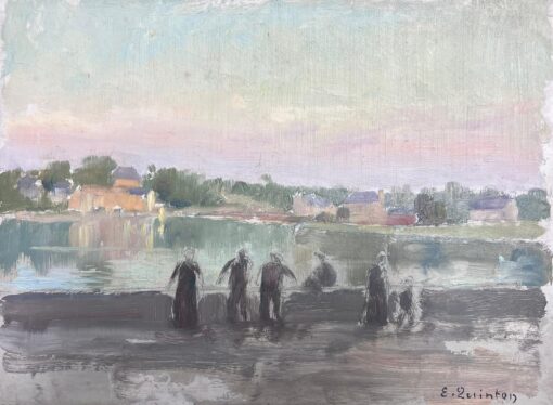 Atmospheric River with Figures 1920's French Impressionist Signed Oil Painting