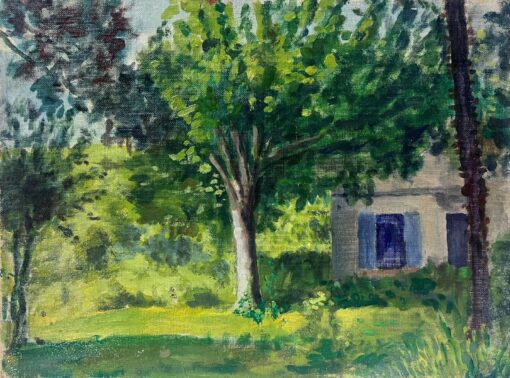 1930's French Impressionist Painting Bright Green Summer Garden Trees