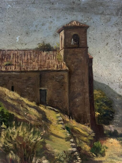 1930's French Impressionist Painting Bell Tower On Hill Top Landscape