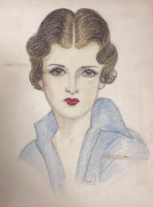 Portrait of Elegant Young Society Lady Exquisite Drawing Red Lips Blue Shirt