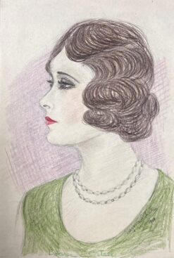 Portrait of Elegant Young Society Lady In Green Round Neck Exquisite Drawing