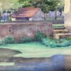 1930's French Impressionist Watercolour Stone Steps Down To Green Moggy River