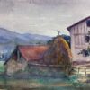1930's French Impressionist Red Roof Farm Cottage Watercolour Landscape
